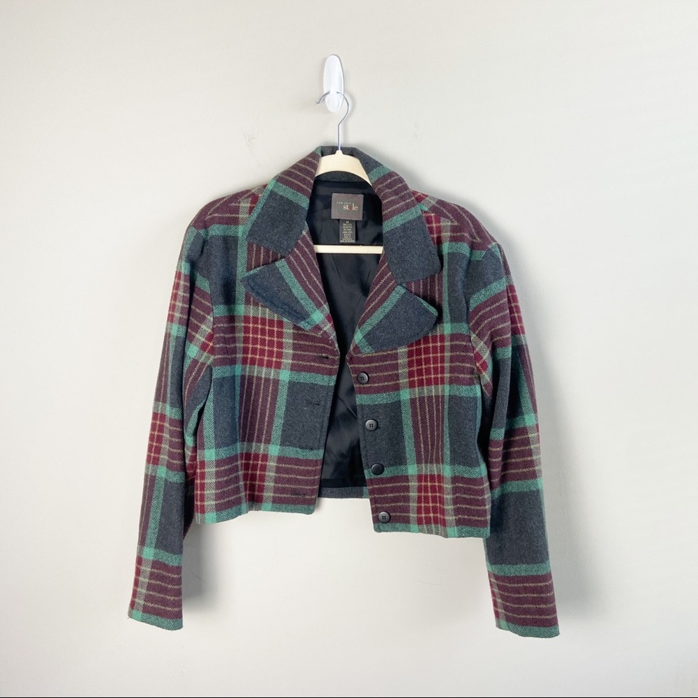 New York Style Plaid Motto Style Cropped Jacket - Picture 1 of 5